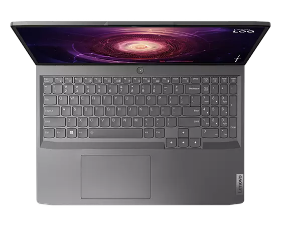 Top down view of Lenovo LOQ 16APH8 laptop with display on and white-backlit keyboard