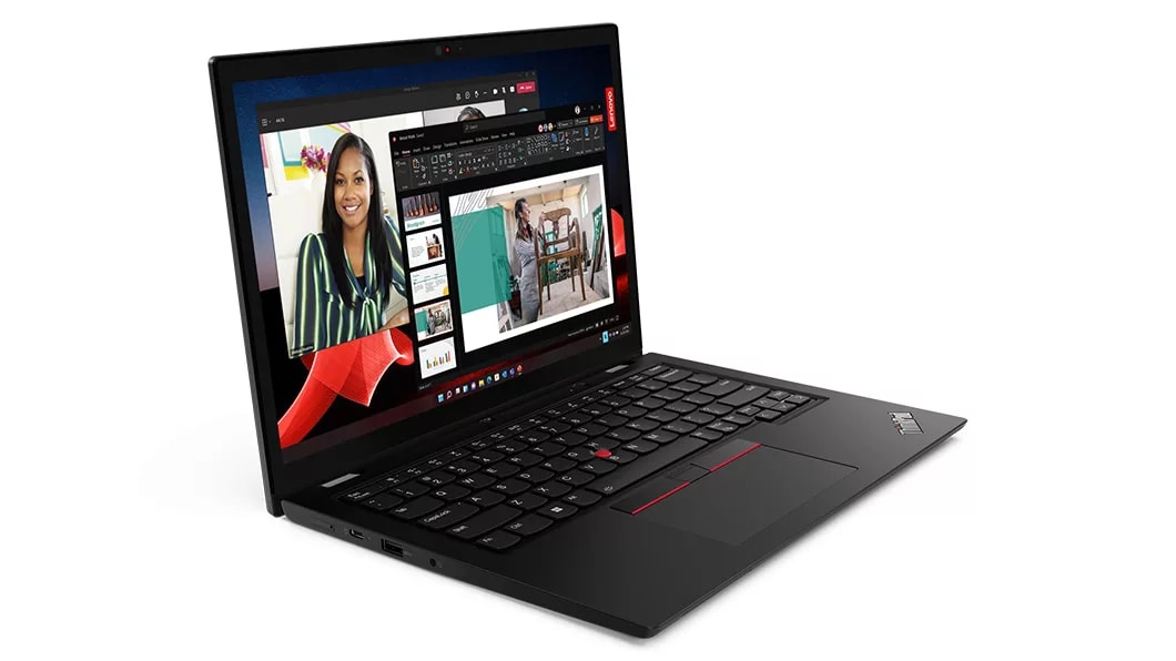 Left-side profile of Lenovo ThinkPad L13 Gen4 laptop mode, open 90 degrees.