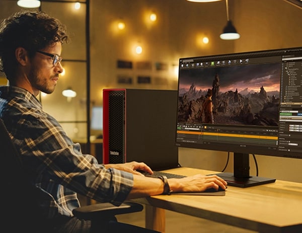 Designer looking at images on a monitor, while typing on a keyboard, with Lenovo ThinkStation P5 workstation to the left