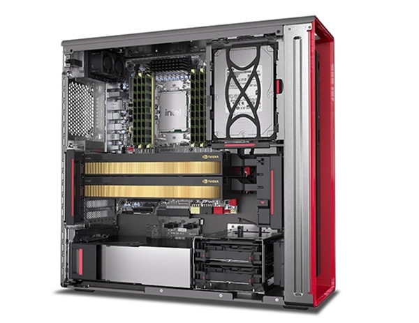 Side view of Lenovo ThinkStation P5 workstation with left-side panel removed, showing internal components