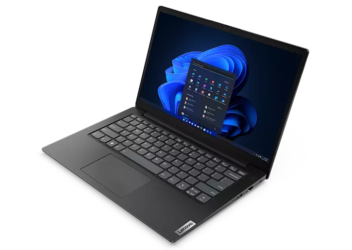 Lenovo V14 Gen 4 laptop open 90 degrees, showcasing both the display with Windows 11 Pro and the keyboard. 
