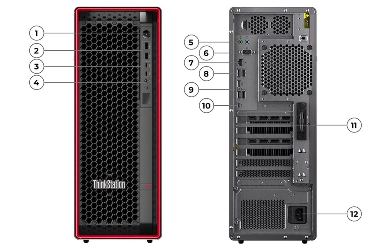 Front and rear views of Lenovo ThinkStation P5 workstation, showing front & rear ports