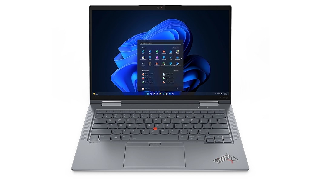 Overhead shot of the Lenovo ThinkPad X1 Yoga Gen 8 2-in-1 laptop open 90 degrees, showcasing Windows 11 Pro on the display along with TrackPoint keyboard.
