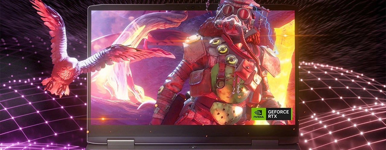 Lenovo LOQ 15APH8 front facing with game on screen and NVIDIA® GeForce logo.