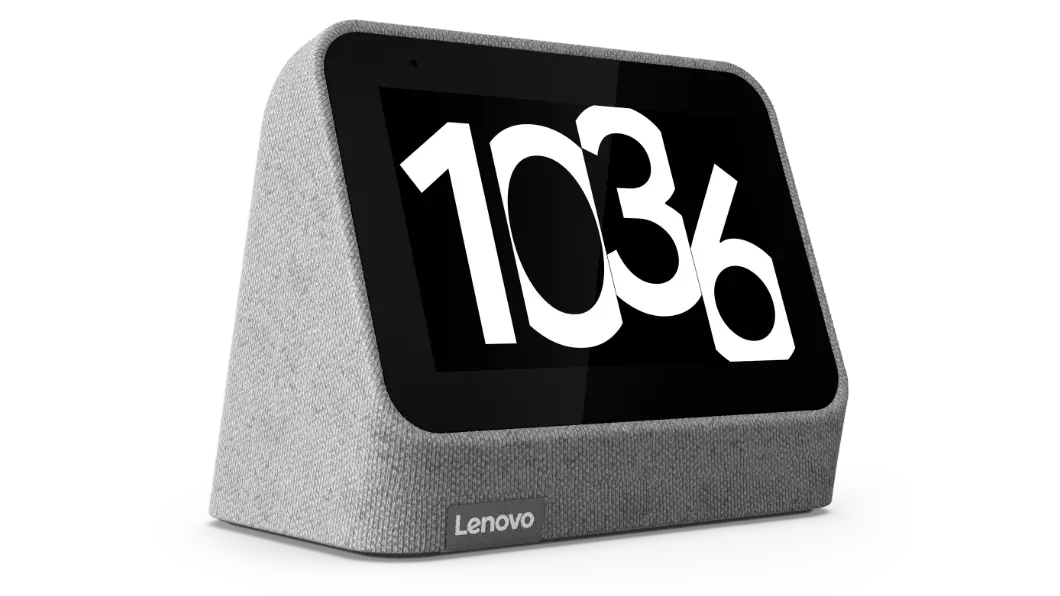 Lenovo Smart Clock Gen 2 - Vue de trois quarts avant gauche, avec 10:36 affiché sur le cadran/l'affichage de l'horloge