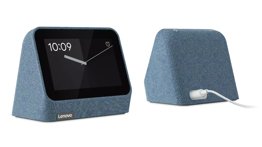 To Lenovo Smart Clock Gen 2-enheder i Abyss Blue - set forfra og bagfra med ledning tilsluttet og 10:09 med grafik af analoge urvisere på urskiven/displayet