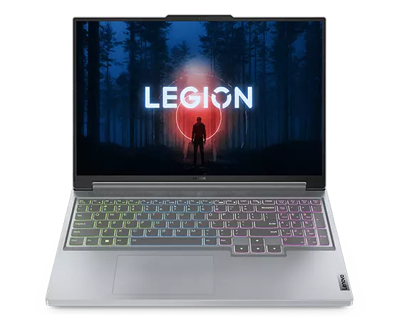 Front-facing view of Lenovo Legion Slim 5 Gen 8 laptop with display on and RGB keyboard