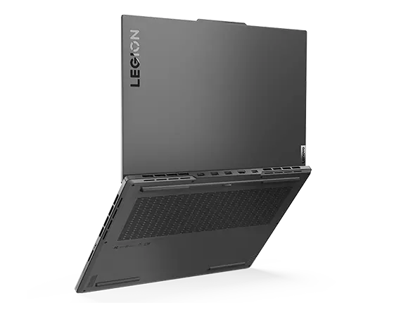 Right back view of the Lenovo Legion Slim 7 Gen 8 (16" AMD), opened wide, showing top and bottom covers