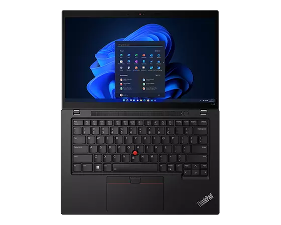 Lenovo ThinkPad L14 Gen 4 (14” Intel) laptop—front view from above, lid open 180 degrees, with Windows menu on the display