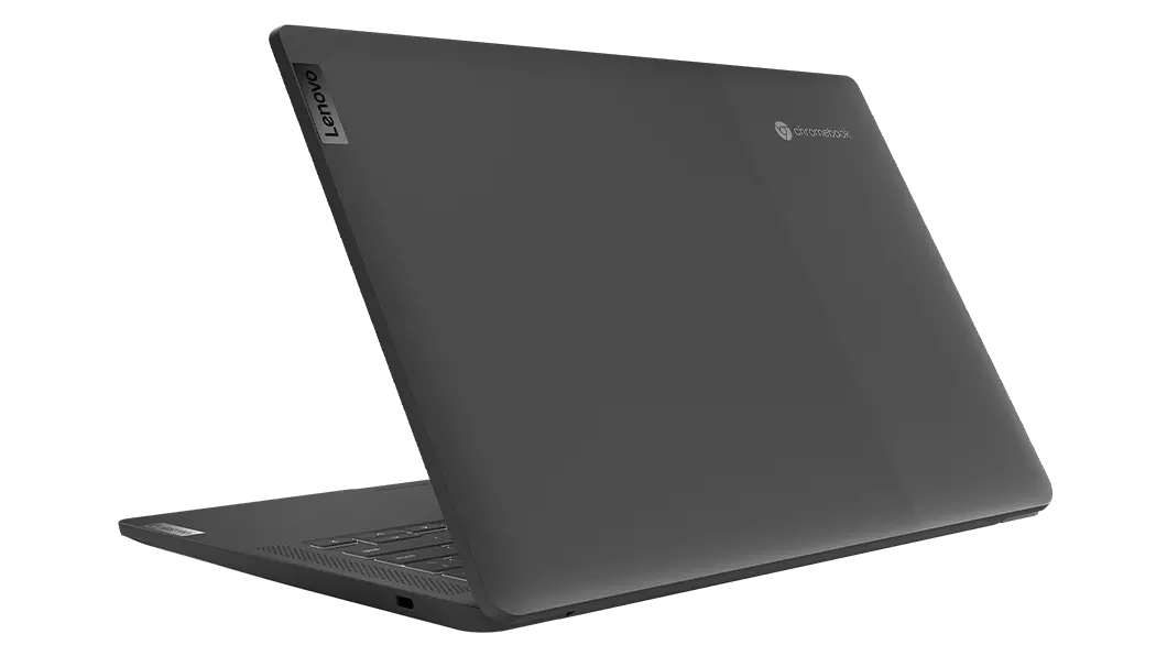 Vista posterior inclinada hacia la derecha del Chromebook IdeaPad 5i de 6.ª generación (14”, Intel) que muestra la cubierta superior y parte del teclado
