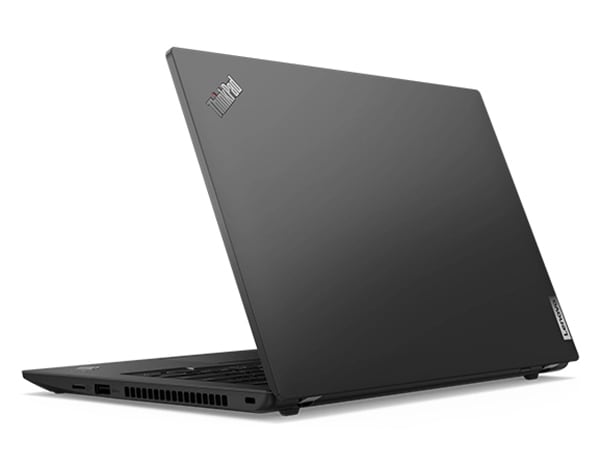 Lenovo ThinkPad L14 Gen 4 (14â€ Intel) laptopâ€”rear-right view, lid partially open