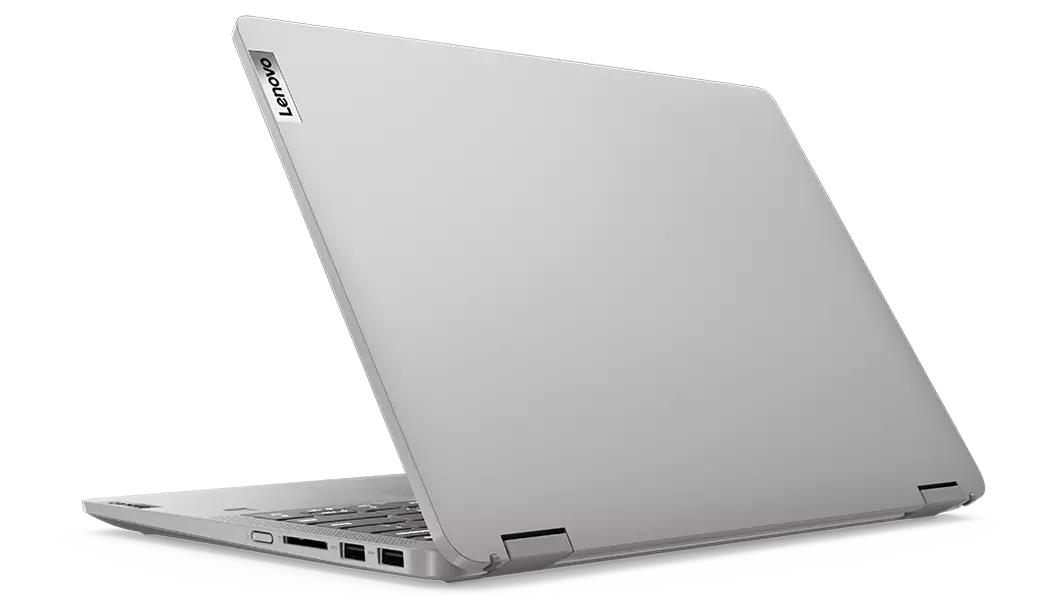 The 14'' IdeaPad Flex 5i from the back right side, opened about 70 degrees, showing the hinge, the right-side ports, the cover, and part of the keyboard