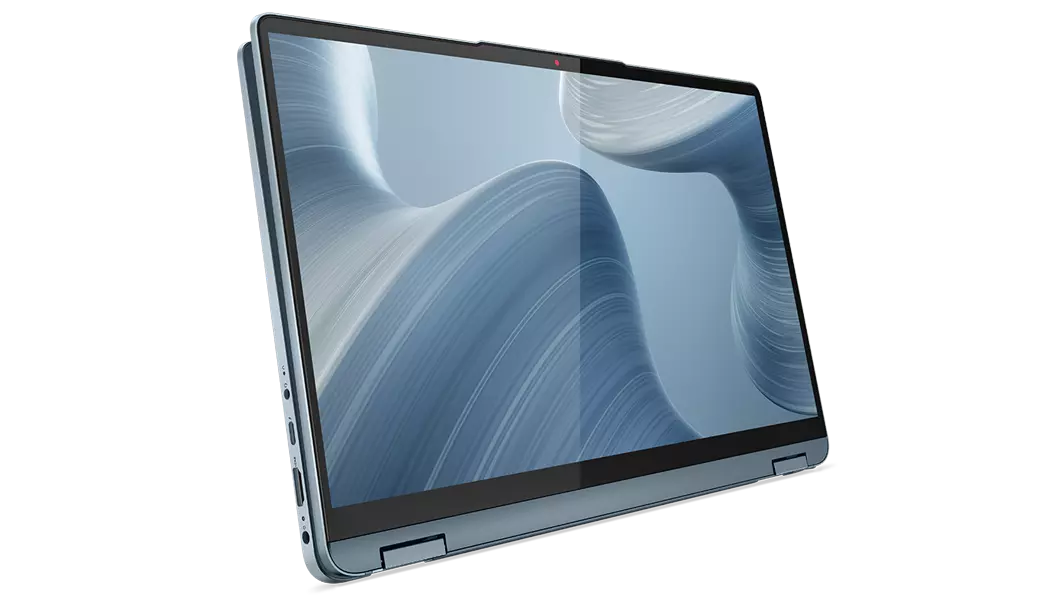 Angle view of the 14'' IdeaPad Flex 5i in tablet mode, showing the display depicting a gray swirling wallpaper screen