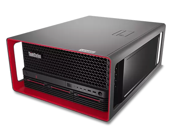 Bovenaanzicht van zijwaarts gericht Lenovo ThinkStation PX-workstation, als een rack plat gelegd, met iconische rode ThinkPad-componenten en poorten aan achterkant, en boven- en rechterpaneel