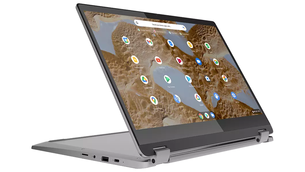 IdeaPad Flex 3i Chromebook in Arctic Grey im Stand-Modus, Ansicht von rechts