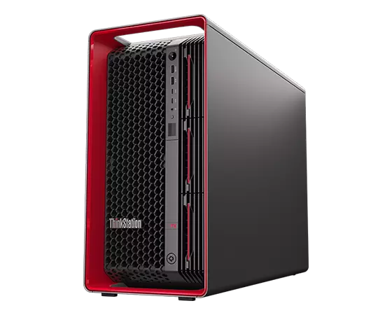 Side-facing Lenovo ThinkStation PX workstation, showing iconic ThinkPad red components & front ports, & left-side panel