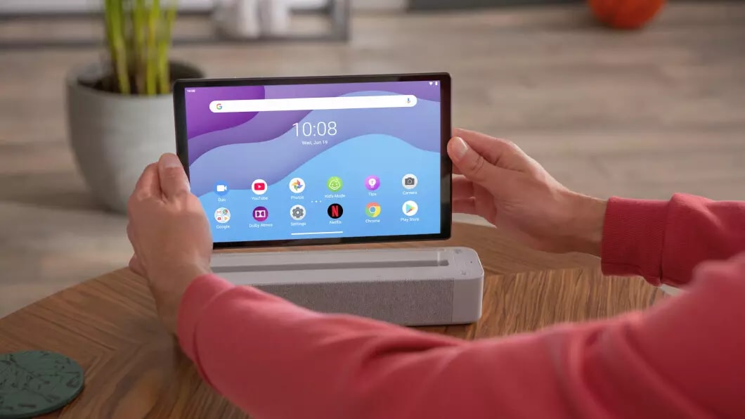 The Smart Tab M10 FHD Plus Gen 2 tablet being docked