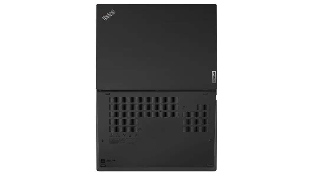 Ansicht des ThinkPad T14 Gen 3 (14 AMD) direkt von oben, flach um 180 Grad geöffnet, mit Blick auf Vorder- und Rückseite des Gehäuses