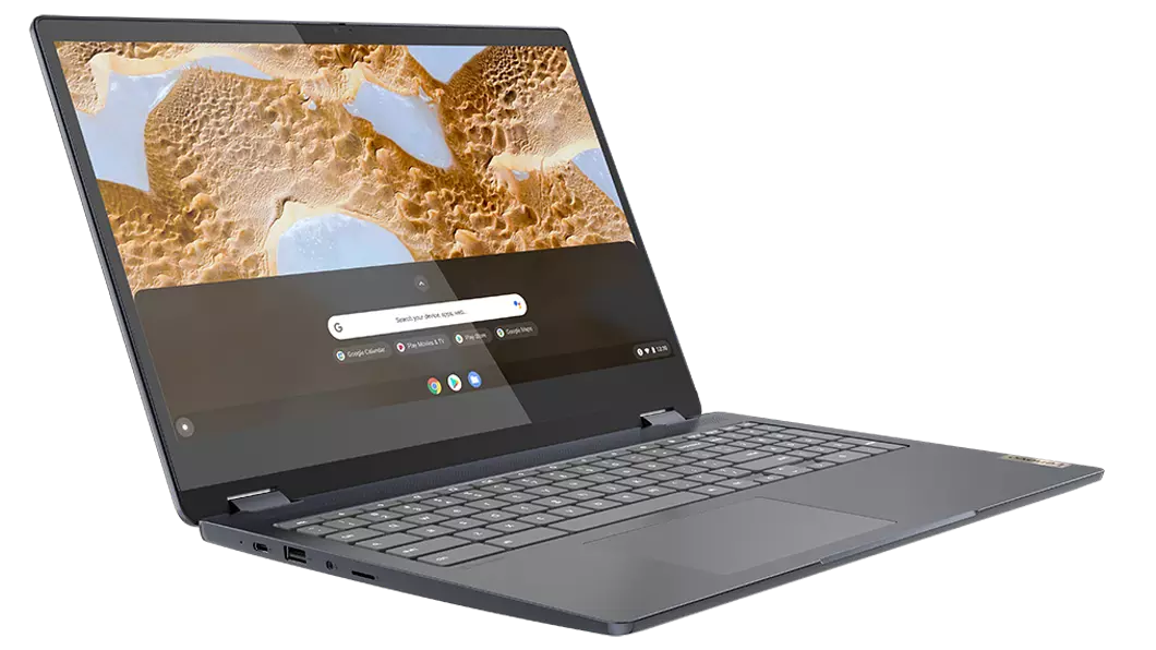 Arctic Grey -värinen IdeaPad Flex 3i Chromebook käännettynä oikealle, edestä kuvattuna