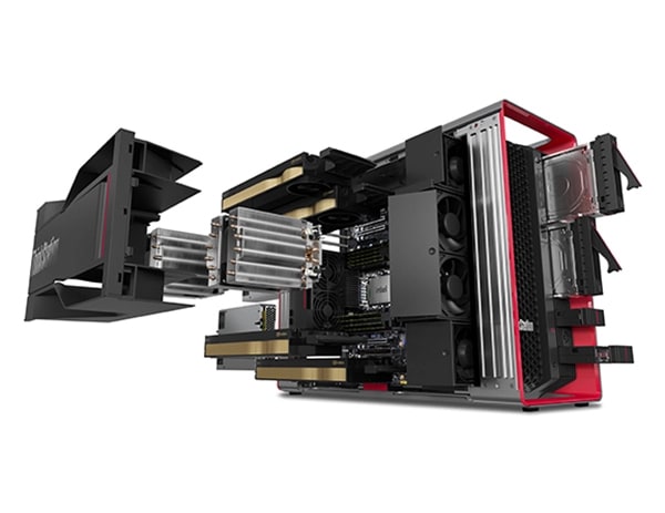 Side view of a deconstructed Lenovo ThinkStation PX workstation, showing iconic ThinkPad red casing & internal components