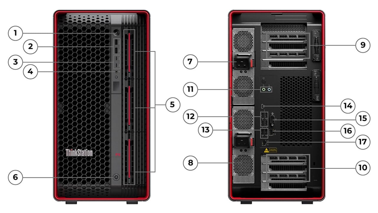 Front & rear views of Lenovo ThinkStation PX workstation stood vertically, showing front & rear ports