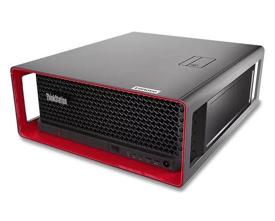 Rack-optimized Lenovo ThinkStation P57 workstation, laid horizontally , at an angle, showing front panel & ports, plus top & right-side panel