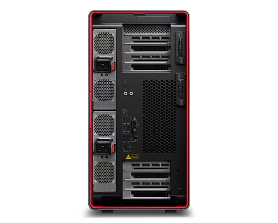 Vista posterior da workstation Lenovo ThinkStation PX a mostrar a icónica caixa vermelha ThinkPad e as portas posteriores