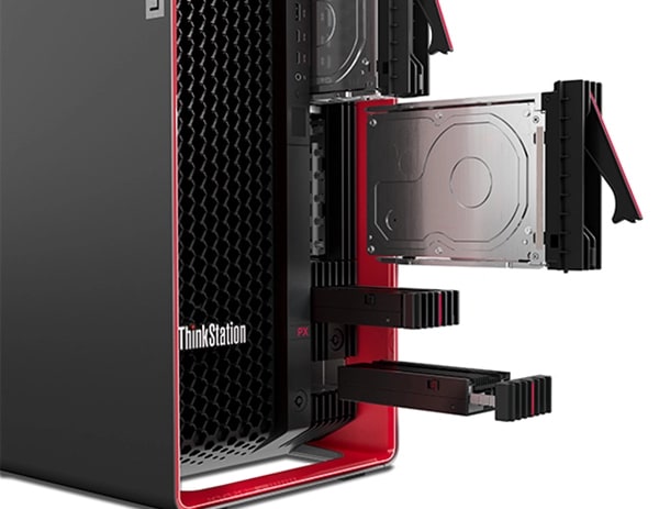 Close up of side-view of Lenovo ThinkStation PX workstation, with opened tool-less components, like storage drive