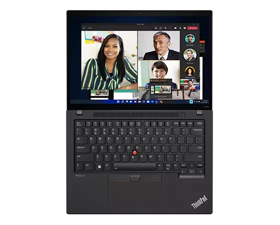 ThinkPad P14s Gen 4 (14" Intel) portable workstation – laying flat, lid open all the way, with videoconference on the display