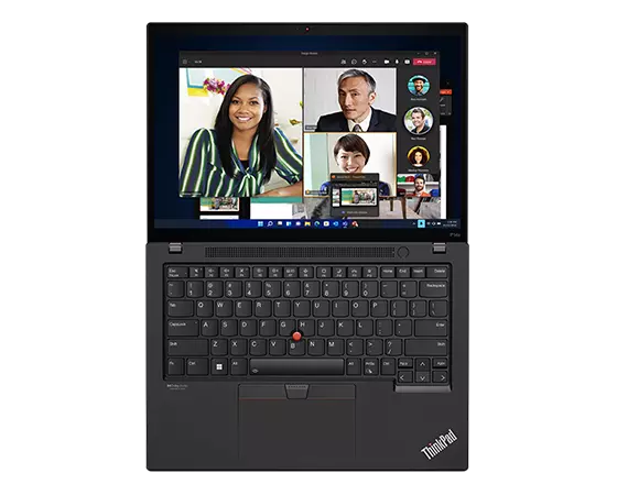 Station de travail portable ThinkPad P14s Gen 4 (14 " Intel) - en pose à plat, couvercle ouvert tout le chemin, avec vidéoconférence sur l’écran