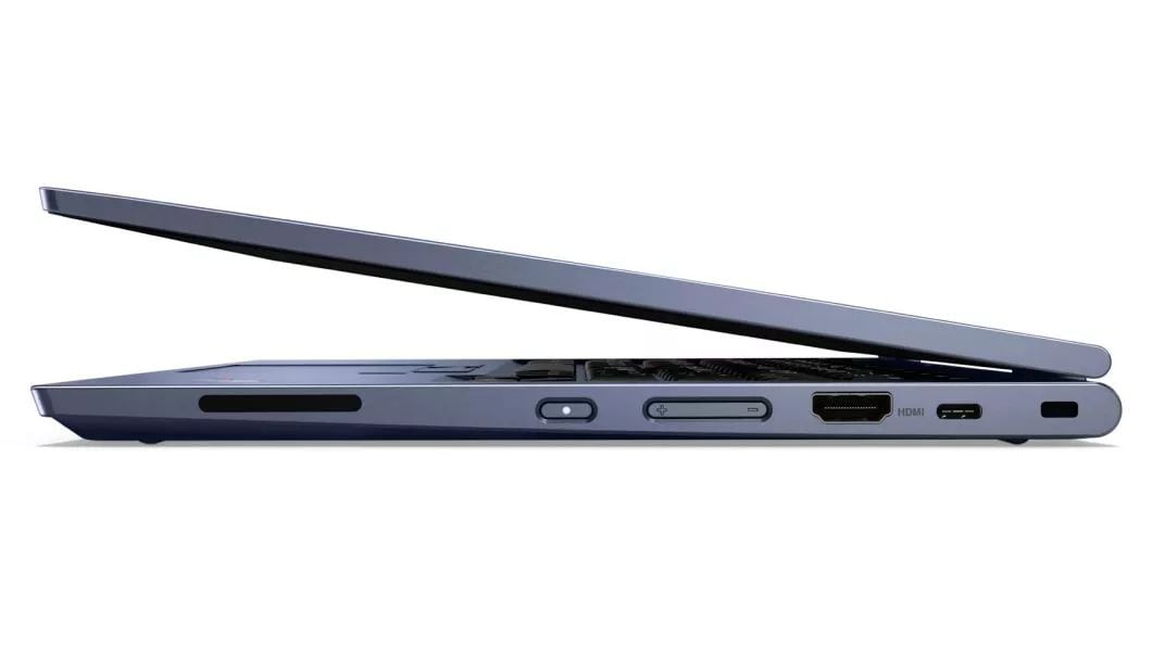 Right side view of the ThinkPad C13 Yoga Chromebook laptop folded at an acute angle