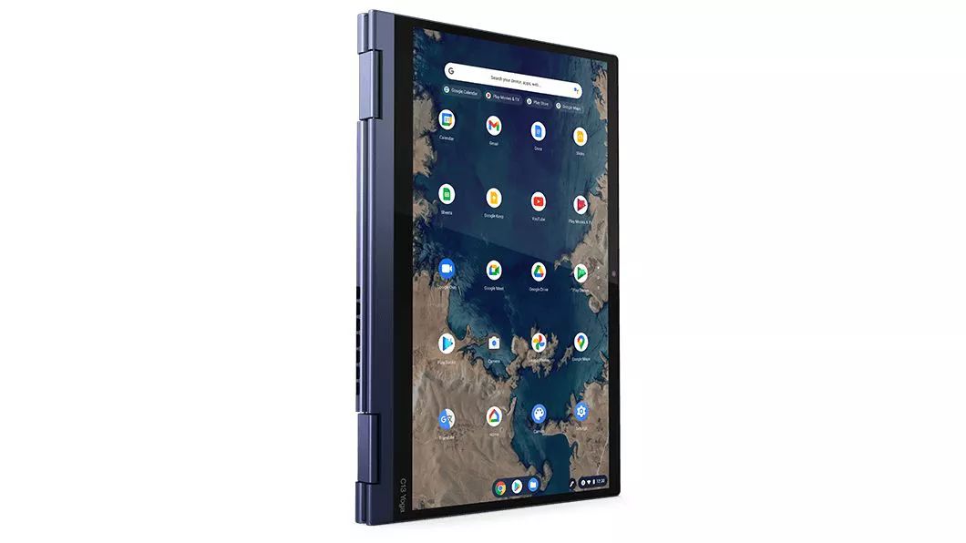 Das ThinkPad C13 Yoga Chromebook Notebook in Tablet-Form, aufrecht stehend