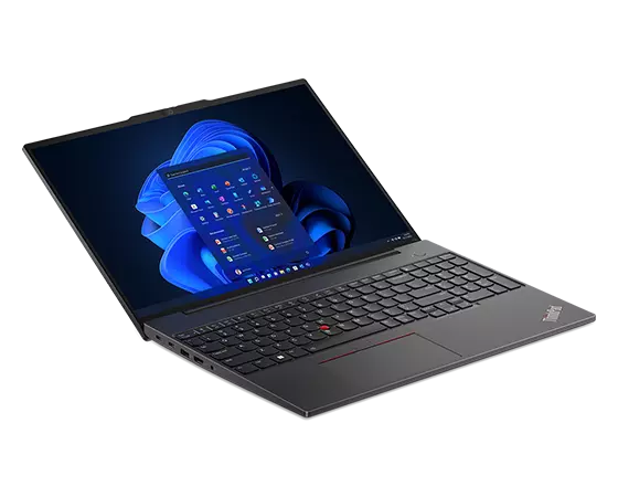Lenovo ThinkPad E16 (16″ Intel) laptop – front view from the left, lid open wide, with Windows menu on the display