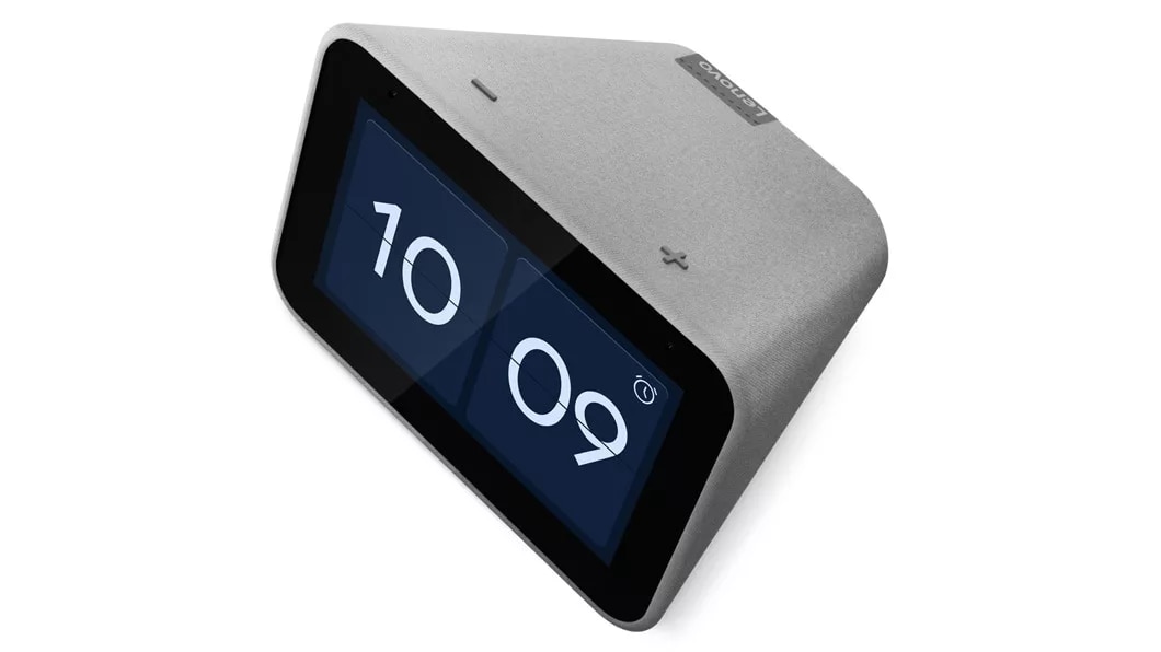 Shot of the Lenovo Smart Clock with the Google Assistant, showing the time and alarm set