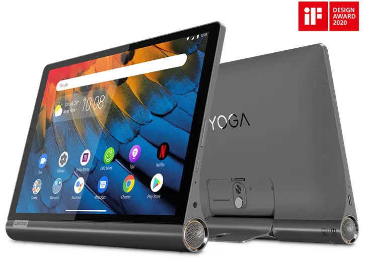 Lenovo Yoga Smart Tab with the Google Assistant, front and back views 