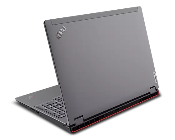 Vista lateral posterior do portátil Lenovo ThinkPad P16 (2.ª geração) de 16" (40,64 cm, Intel) em ângulo, ligeiramente aberto, a mostrar a cobertura superior e parte do teclado