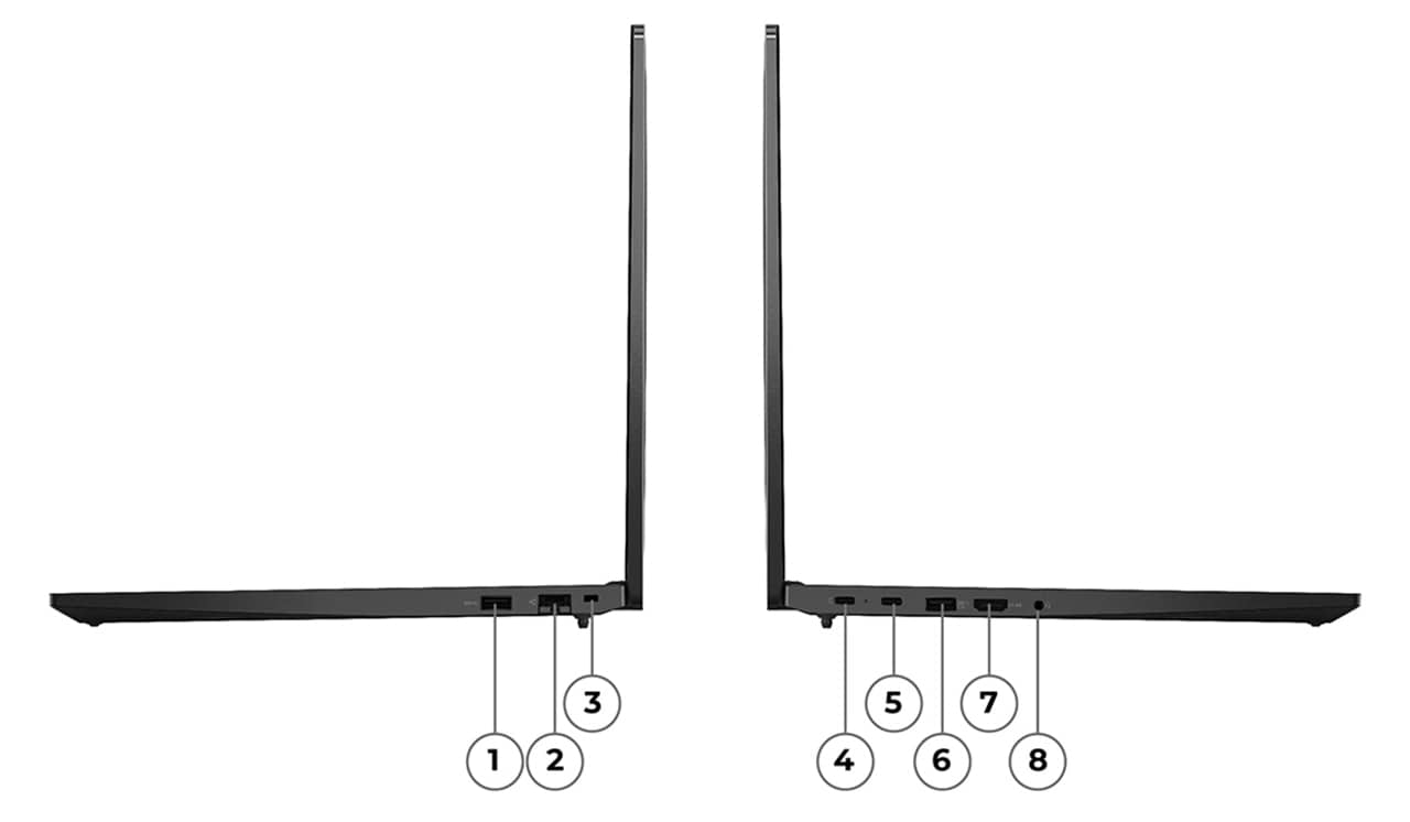 Left profile of the ThinkPad E16 Gen 1 (16 AMD), with numerals designating ports. Right profile of the ThinkPad E16 Gen 1 (16 AMD), with numerals designating ports