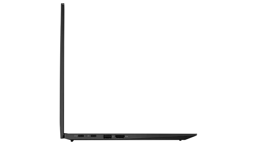 Perfil del lado izquierdo del portátil Lenovo ThinkPad X1 Carbon de 10.ª generación abierto en un ángulo de 90 grados.